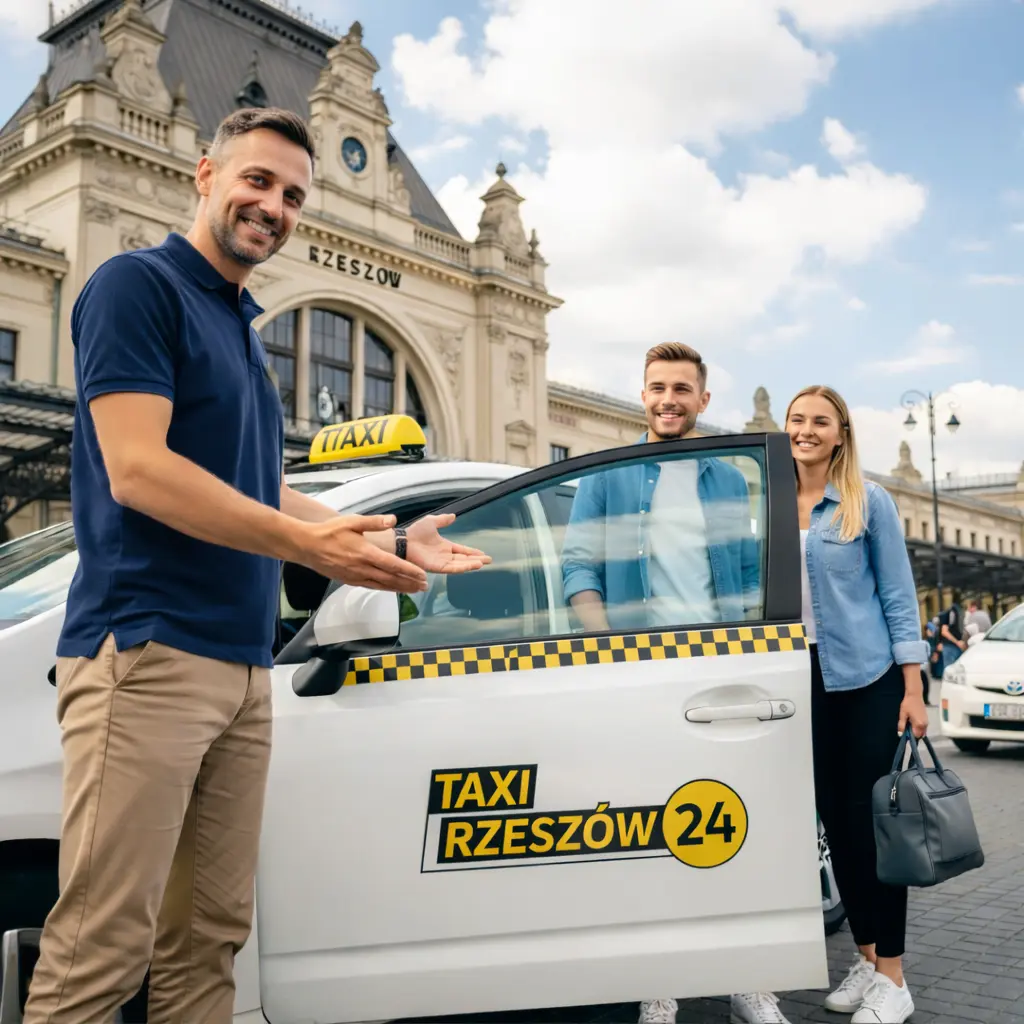 Taksówka Taxi Rzeszów 24 na tle dworca kolejowego w Rzeszowie z zadowolonymi klientami